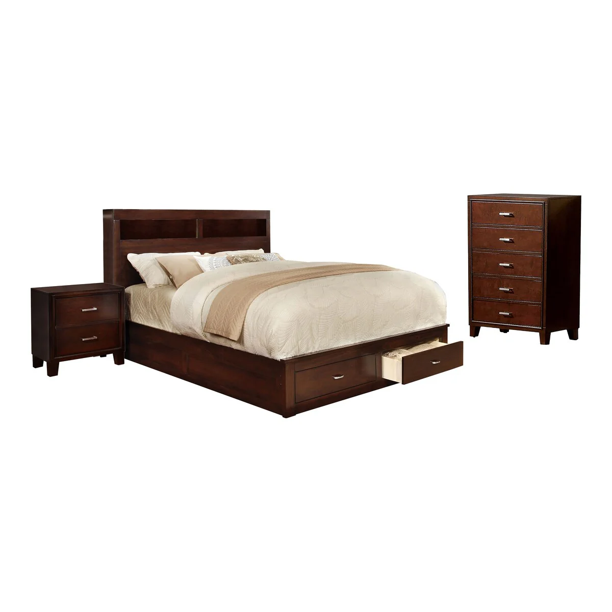 Biaz Contemporary Cherry Solid Wood 3-Piece Storage Platform Bedroom Set with Lighting by Furniture of America