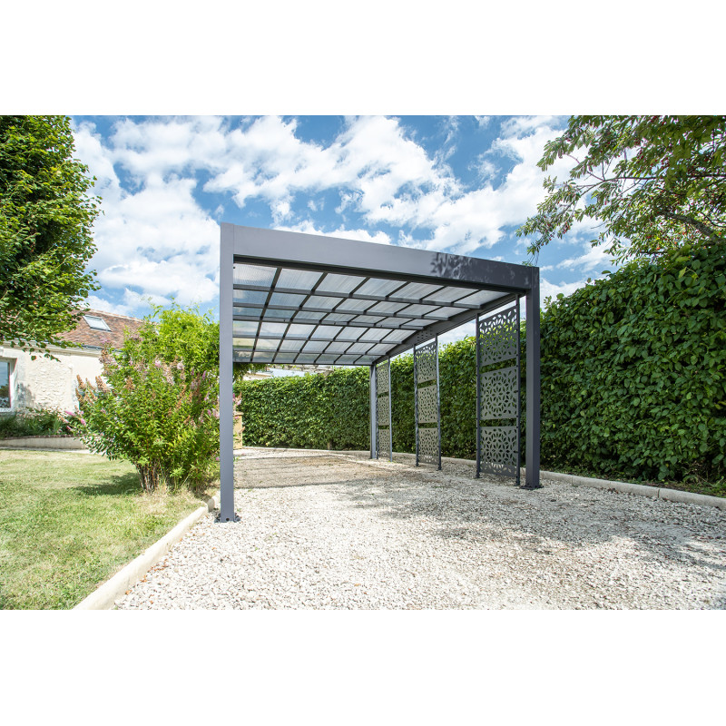 Carport en aluminium Libeccio gris anthracite avec 3 claustras 16,6 m²