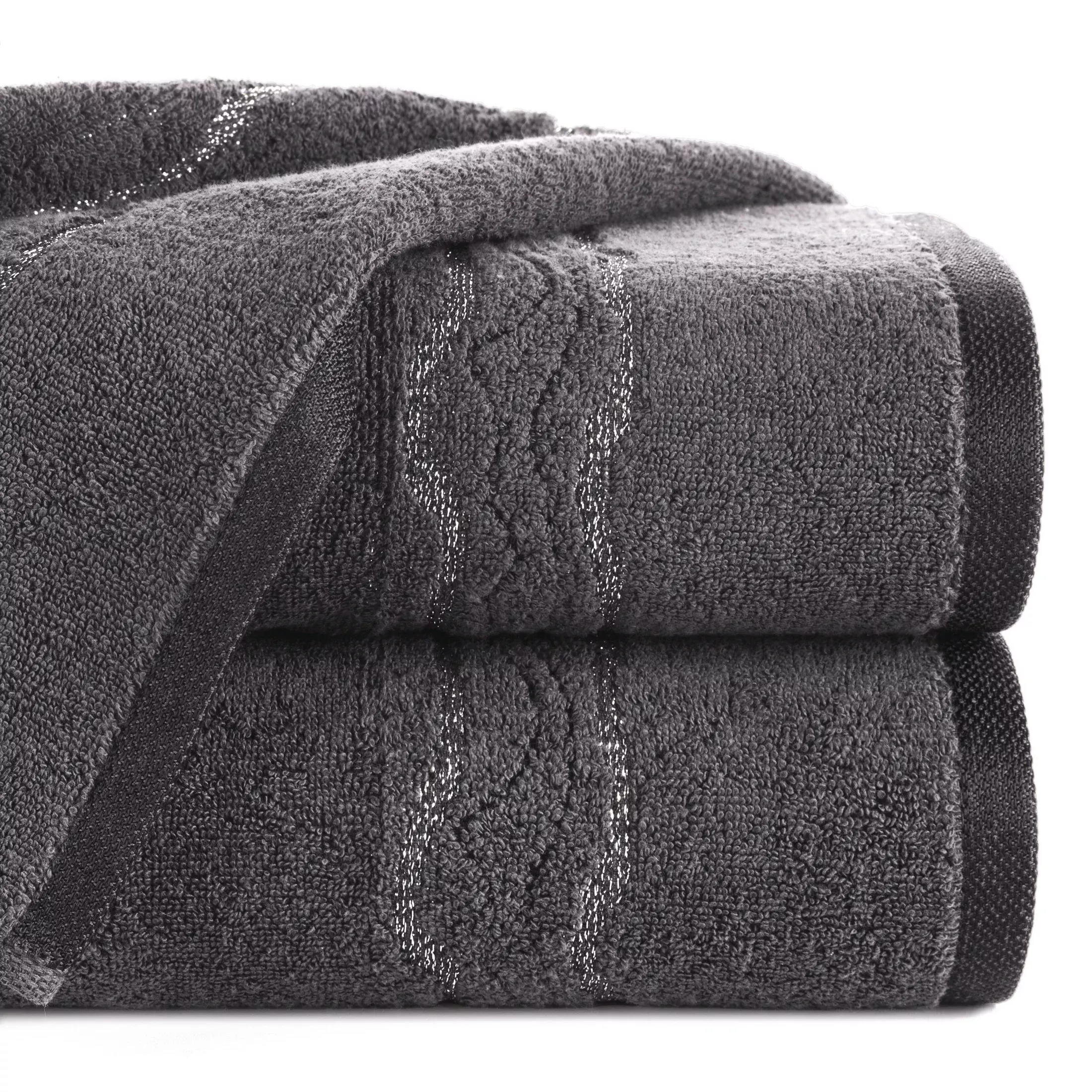Ręcznik do rąk 30x50 cm bawełniany kolor stalowy zdobiony bordiurą z błyszczącym wzorem 500 g/m2 KARIN