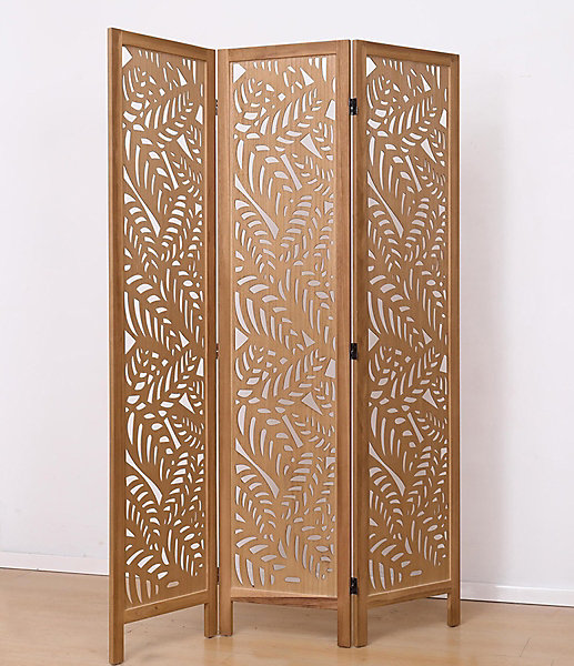 Paravent ajouré, séparateur de pièce en bois avec motifs feuille, 3 pans coloris brun clair - Hauteur 170 x longueur 120 cm
