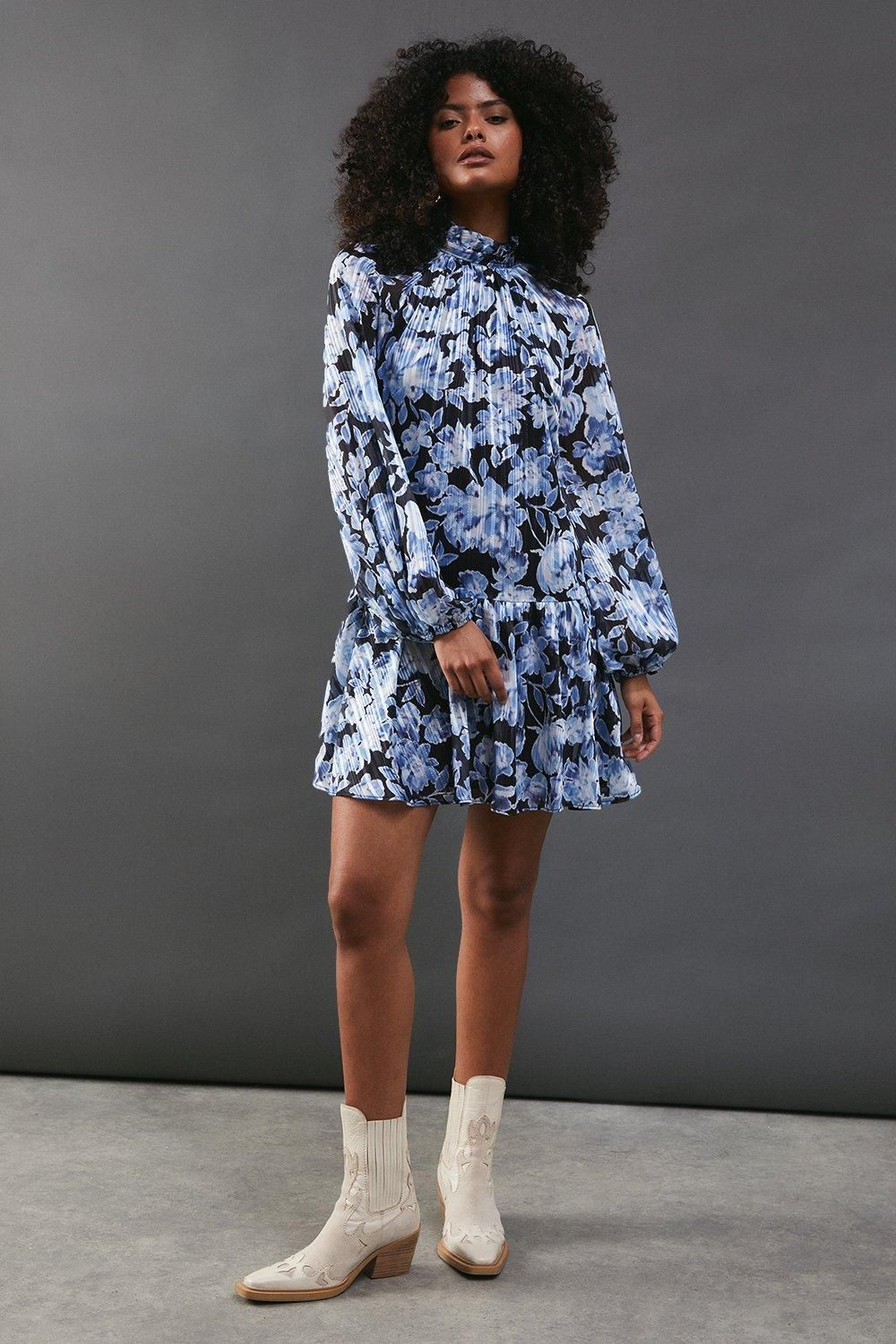 Warehouse Shadow Stripe High Neck Tie Back Mini Dress