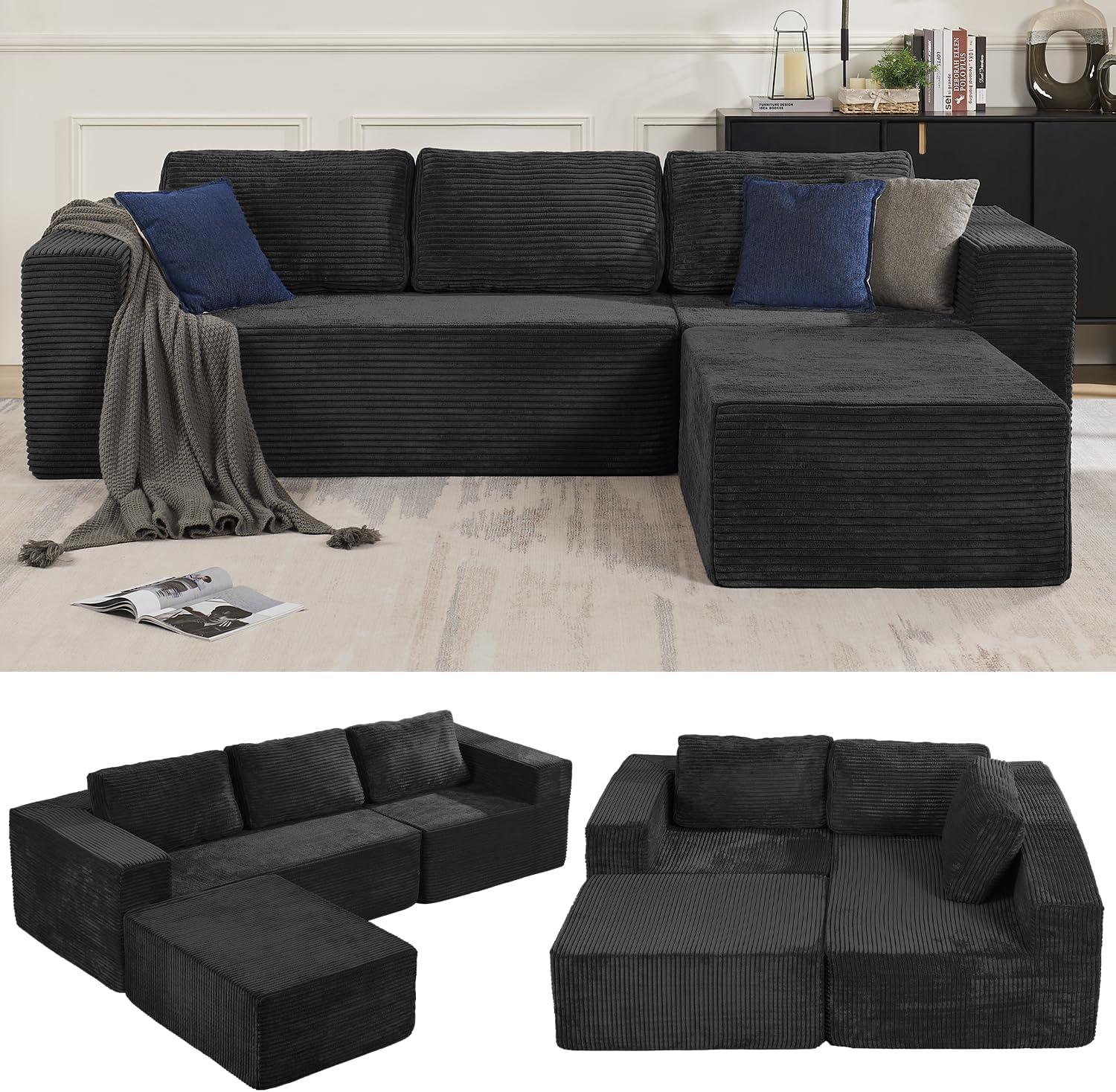 106 Modular Sectional Sofa with L-Shape Chaise, Right/Left Facing Deep Seat Cloud Couch, No Assembly Required, Upholstered Couch for Living Room Bedroom (Plush Corduroy Fabric, Black)