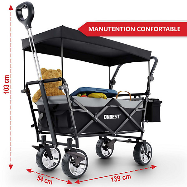 Chariot à bras chariot de transport pliable avec toit et housse amovible inclus sac isotherme Noir