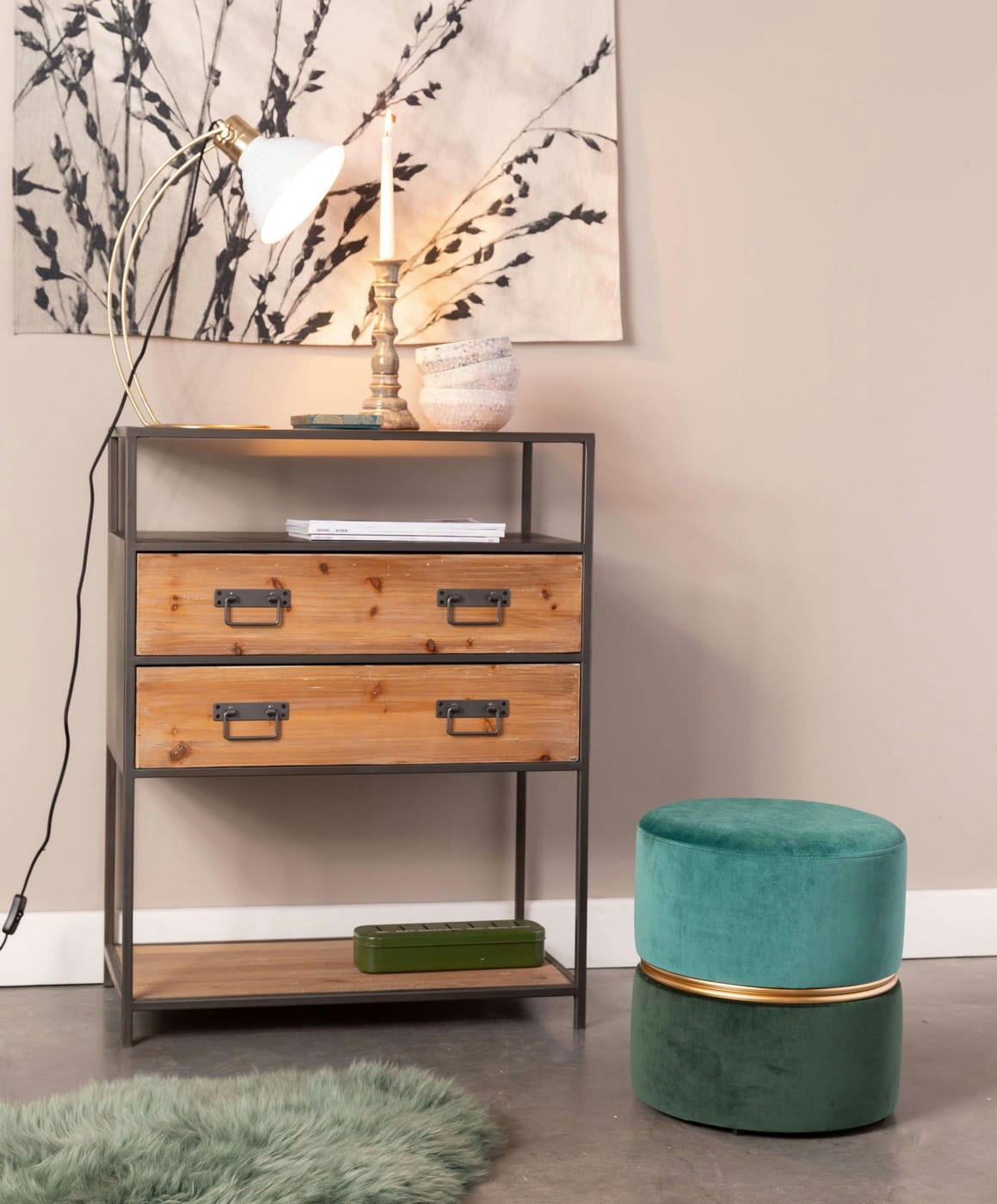 ART DECO - Tabouret pouf velours vert