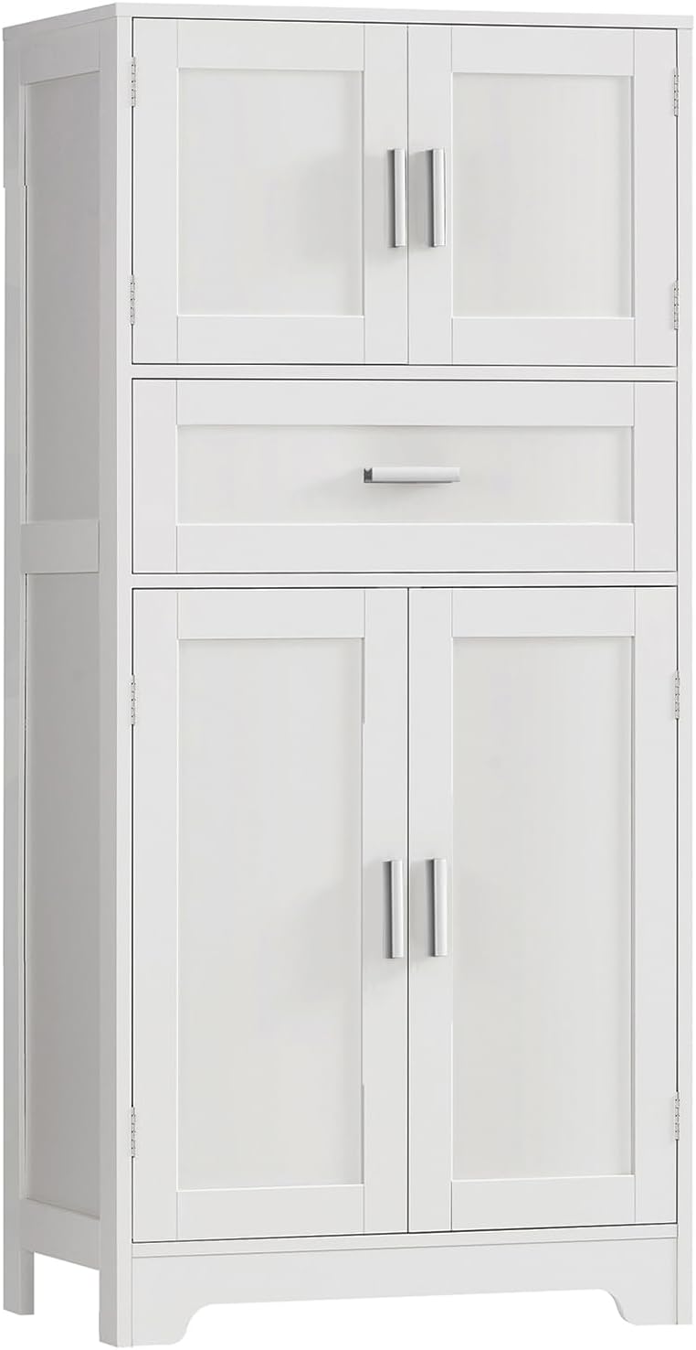 TEENFON Bathroom Storage Cabinet with Adjustable Shelf & Large Drawer, Tall Storage Cabinet with 4 Doors, Kitchen Pantry Storage Cabinets, for Living Room, Dining Room, Home Office, Entryway, White