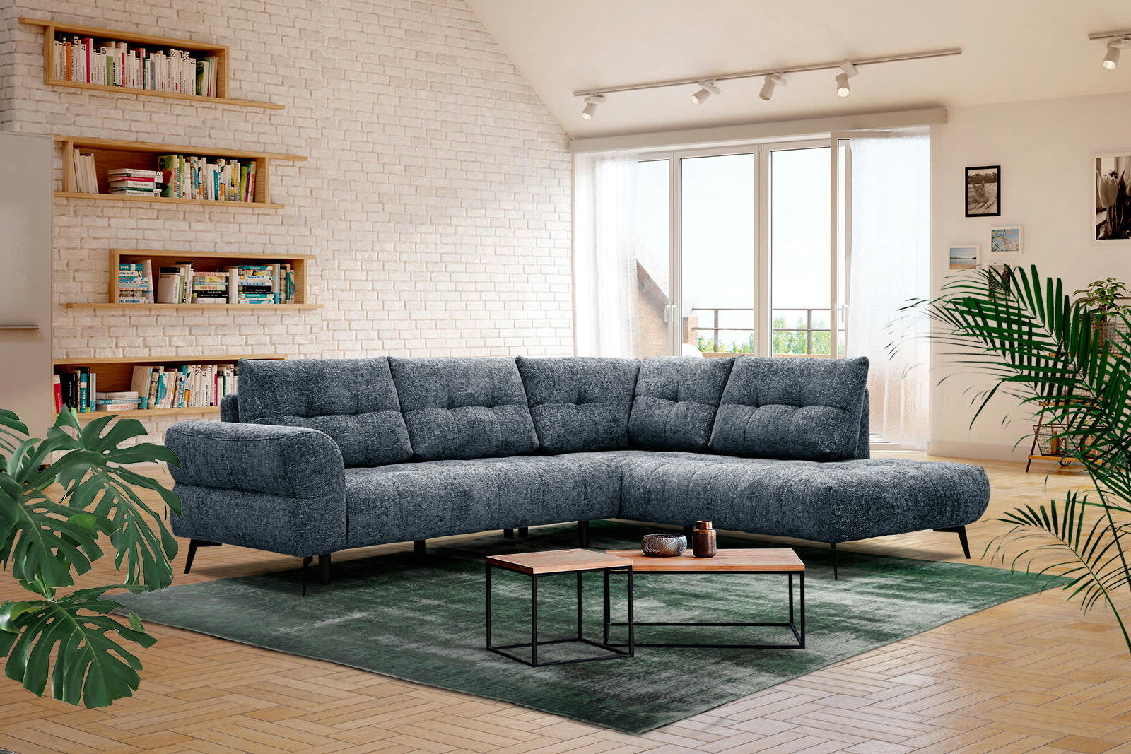 SALVINI - Canapé d'angle droit 5 places tissu bleu marine