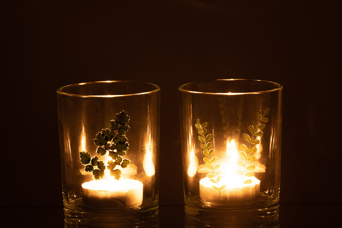 J-Line windlicht Bladeren - glas - groen/transparant - 2 stuks