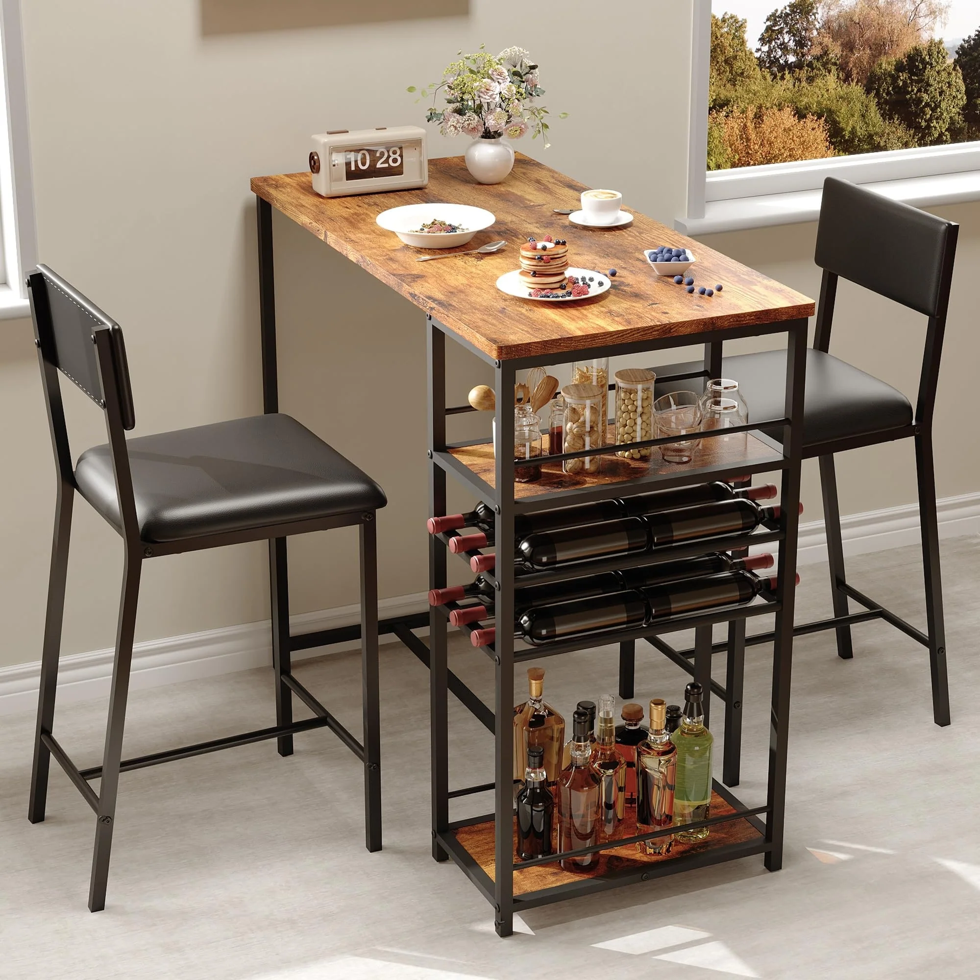Dining Room Table with 2 Upholstered Chairs, Bistro Table and Chairs Set of 2 with Storage Shelves