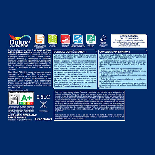 Laque Valénite Dulux Valentine Acrylique satin blanc gris saline 500ml