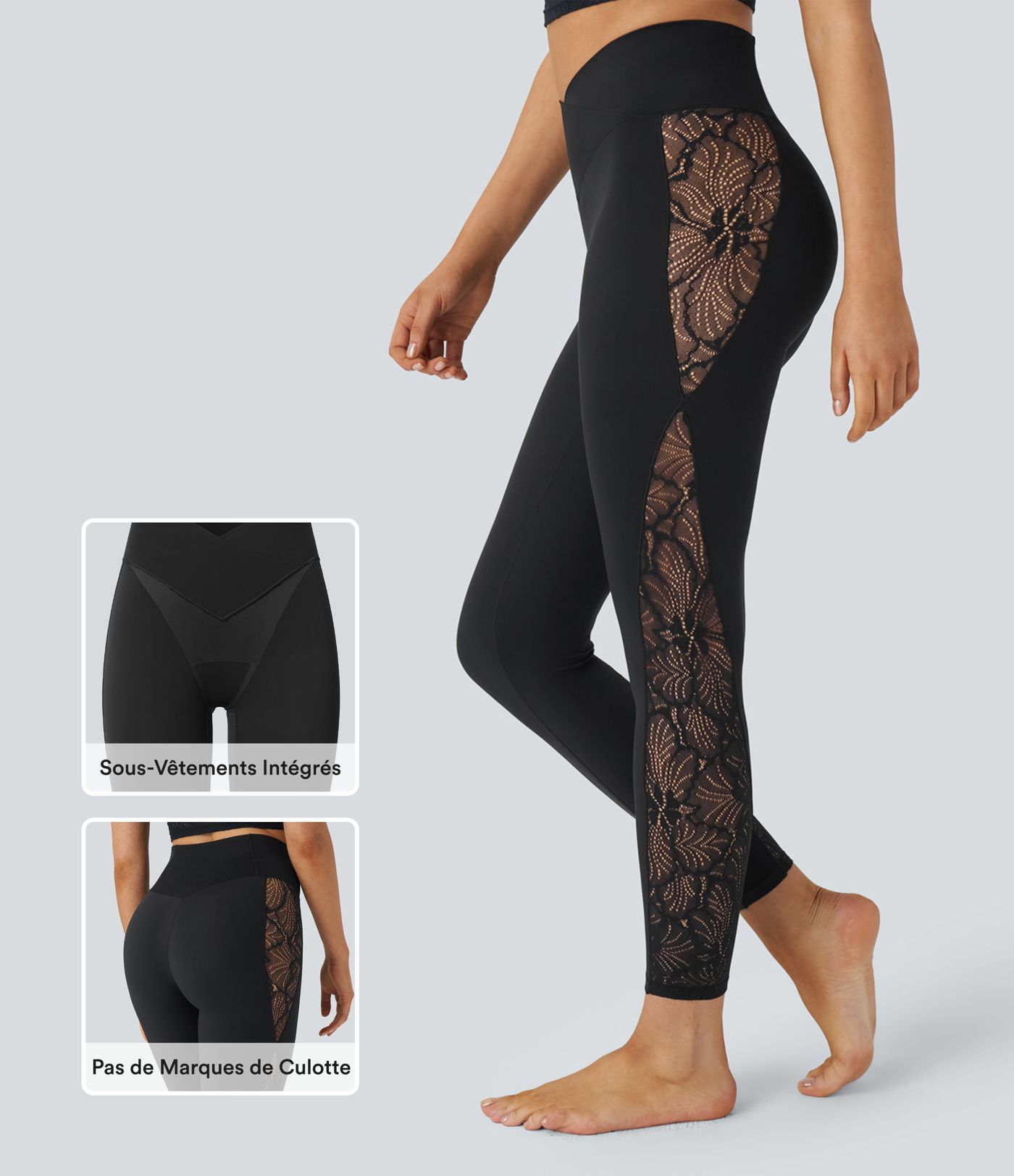 Legging de yoga Softlyzero™ taille haute avec design croisé, dentelle contrastée, sous-vêtement intégré, poche et protection UPF50