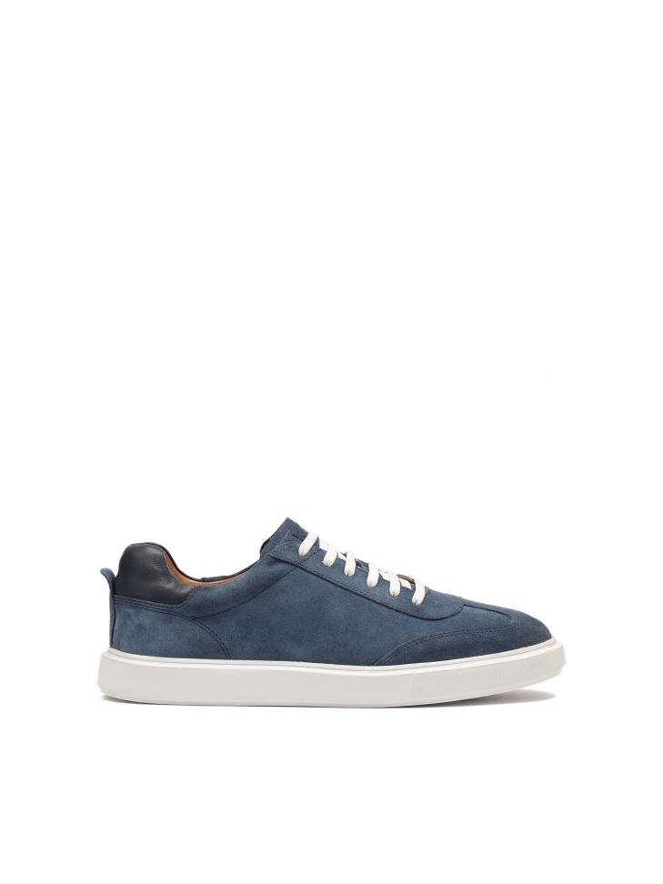 Navy blue suede sneakers with white sole