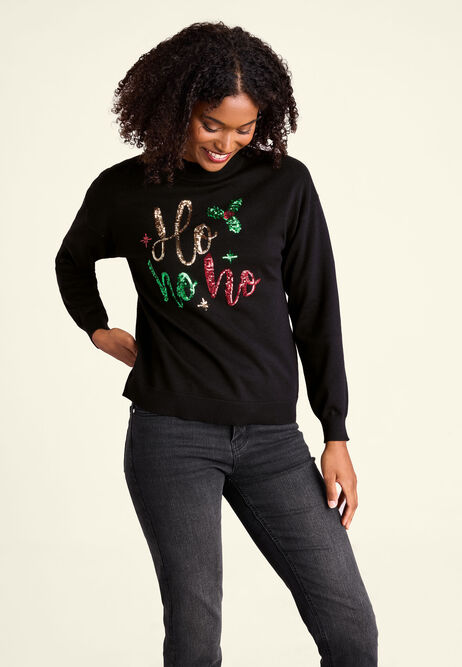 Womens Black Sequin Christmas Ho Ho Ho Jumper