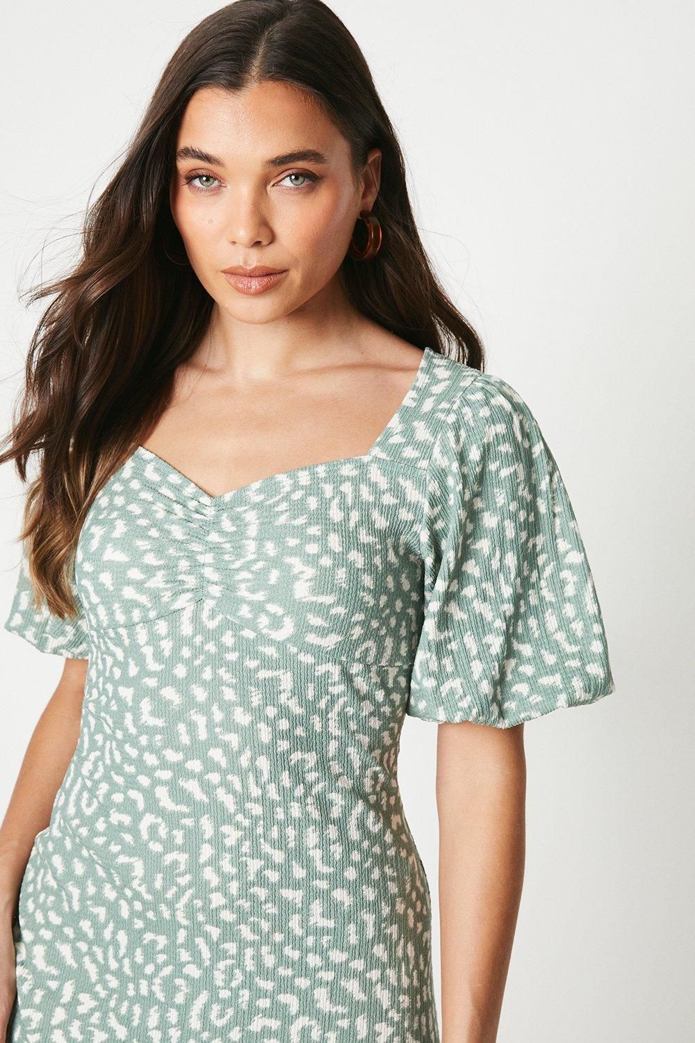 Dorothy Perkins Petite Green Animal Ruched Front Puff Sleeve Jersey Midi Dress