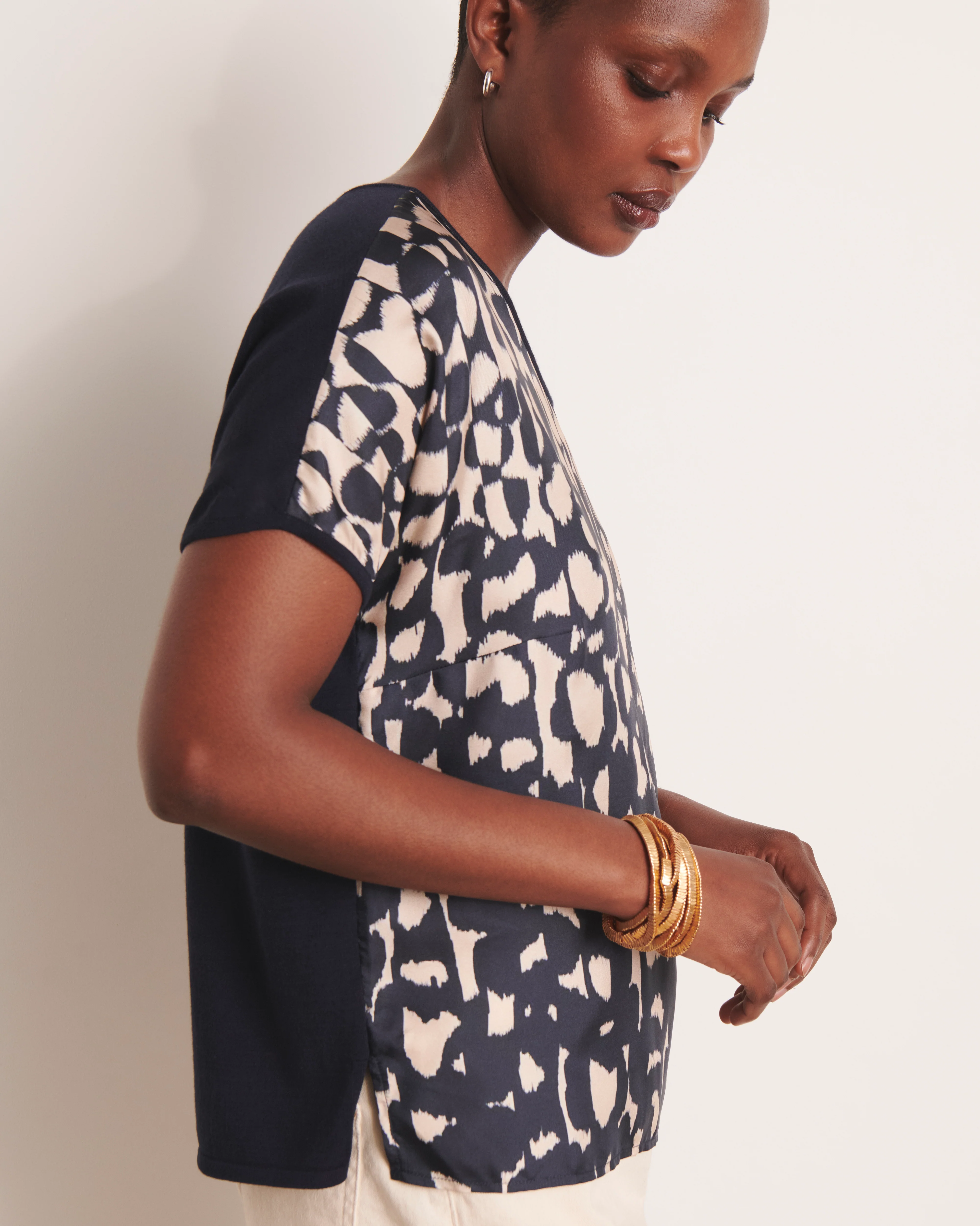 Pull imprimé bimatière bleu marine manches kimono twin-set ARANDE/13106/635