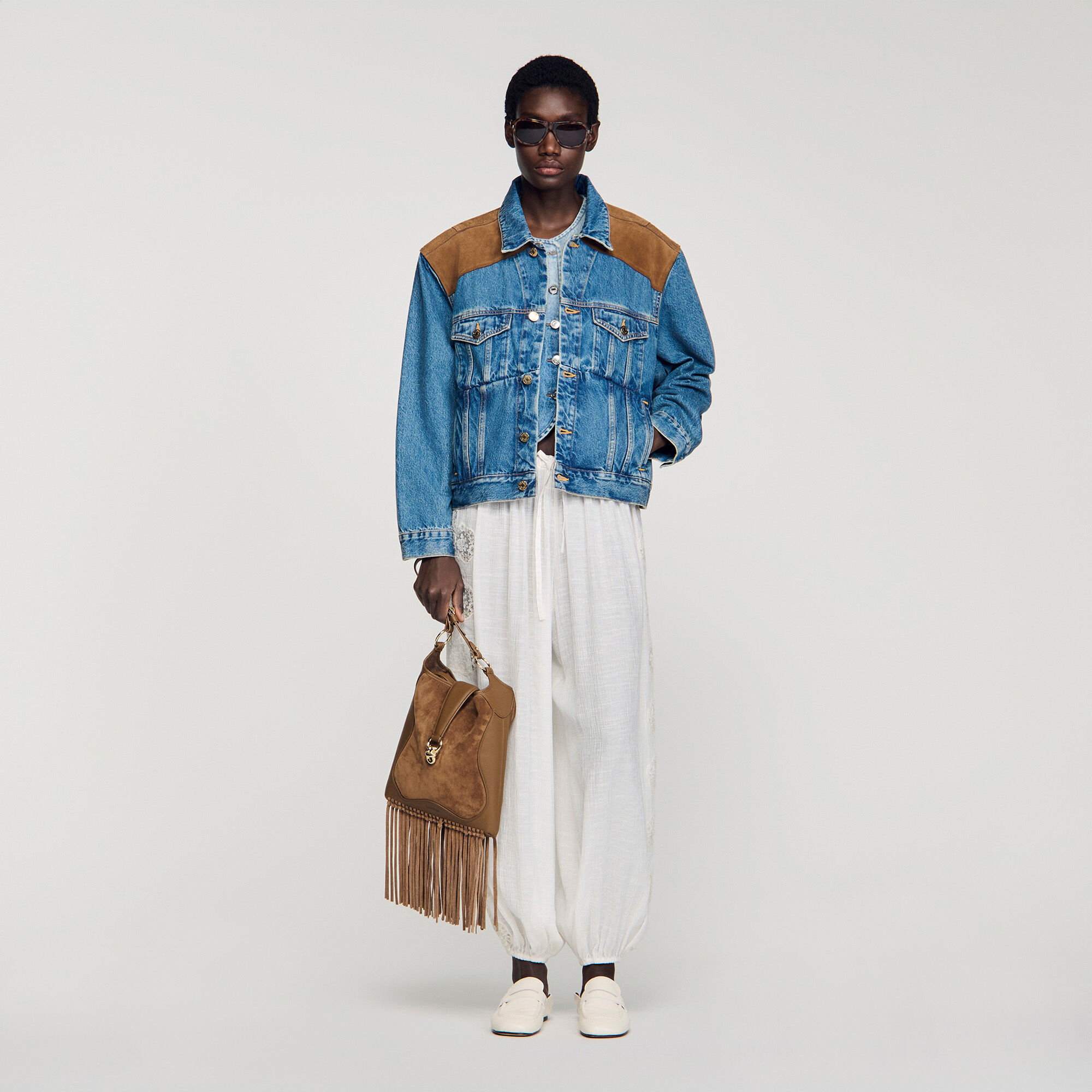 Blouson en denim et cuir suède