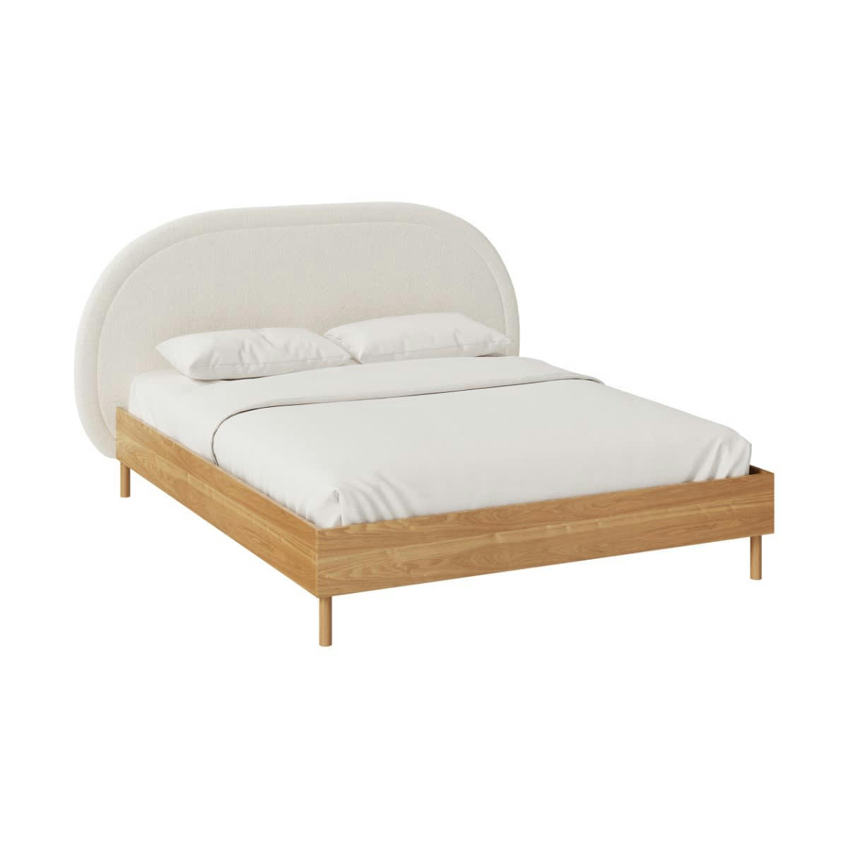 EVA - Lit double 160x200 cm en tissu bouclé beige et pieds en bois d'hévéa