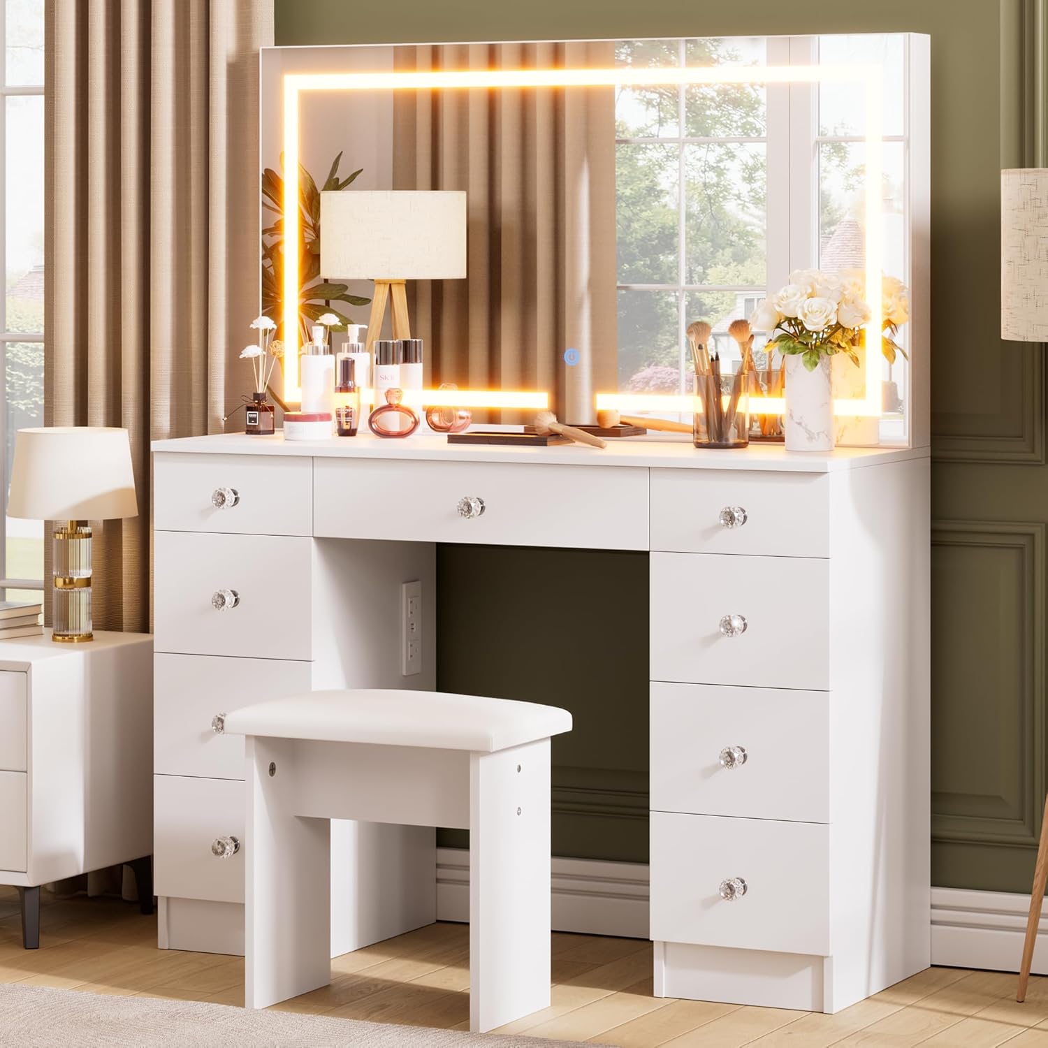 SMOOL Vanity with Mirror and Lights - Vanity Desk with Power Outlet and 9 Drawers, 3 Color Lighting Modes, Adjustable Brightness, Makeup Vanity with Soft Cushioned Stool for Bedroom, White 43Inches
