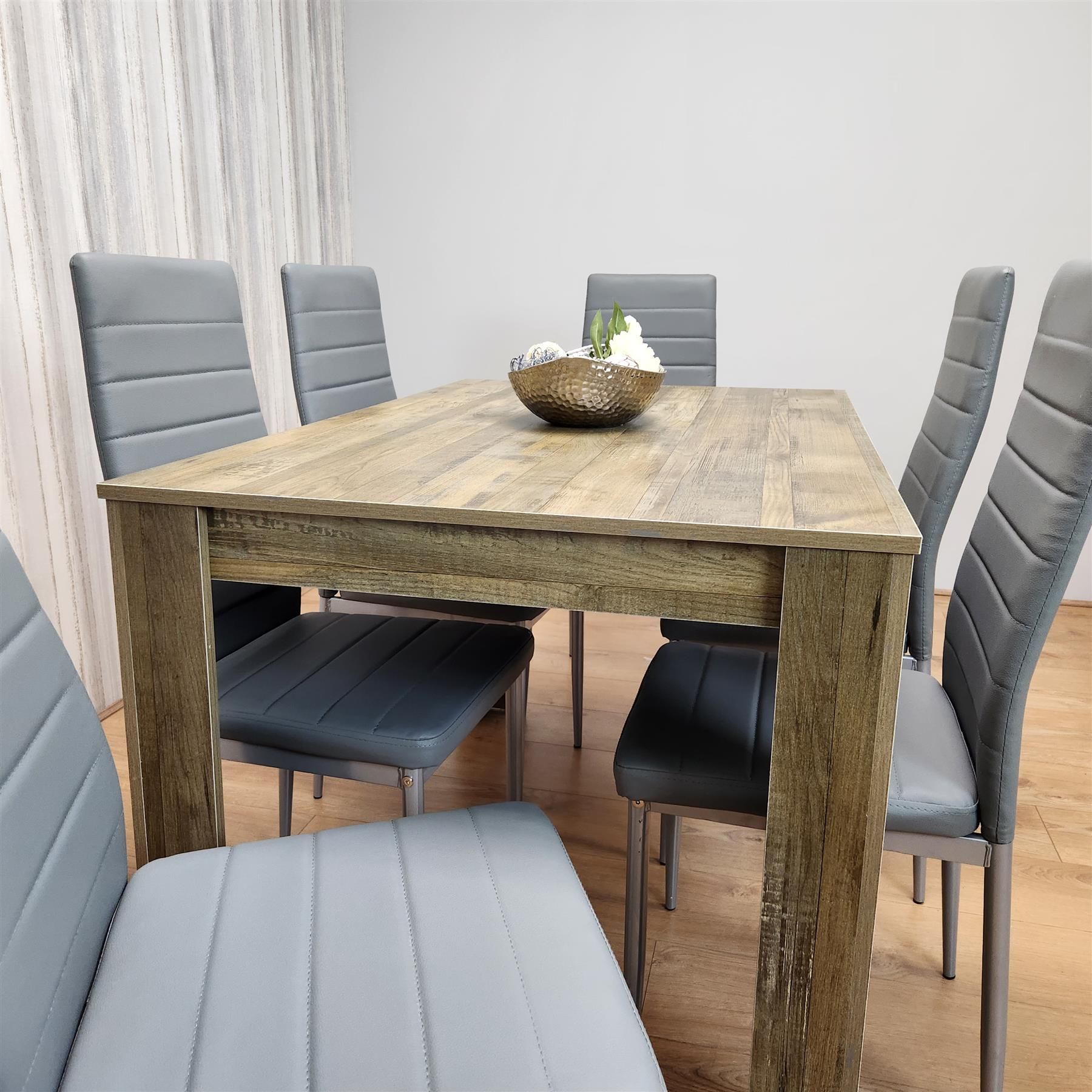 KOSY KOALA Rustic Effect Dining Table Set with 6 Grey Faux Leather Chairs  Dining Room Furniture Set