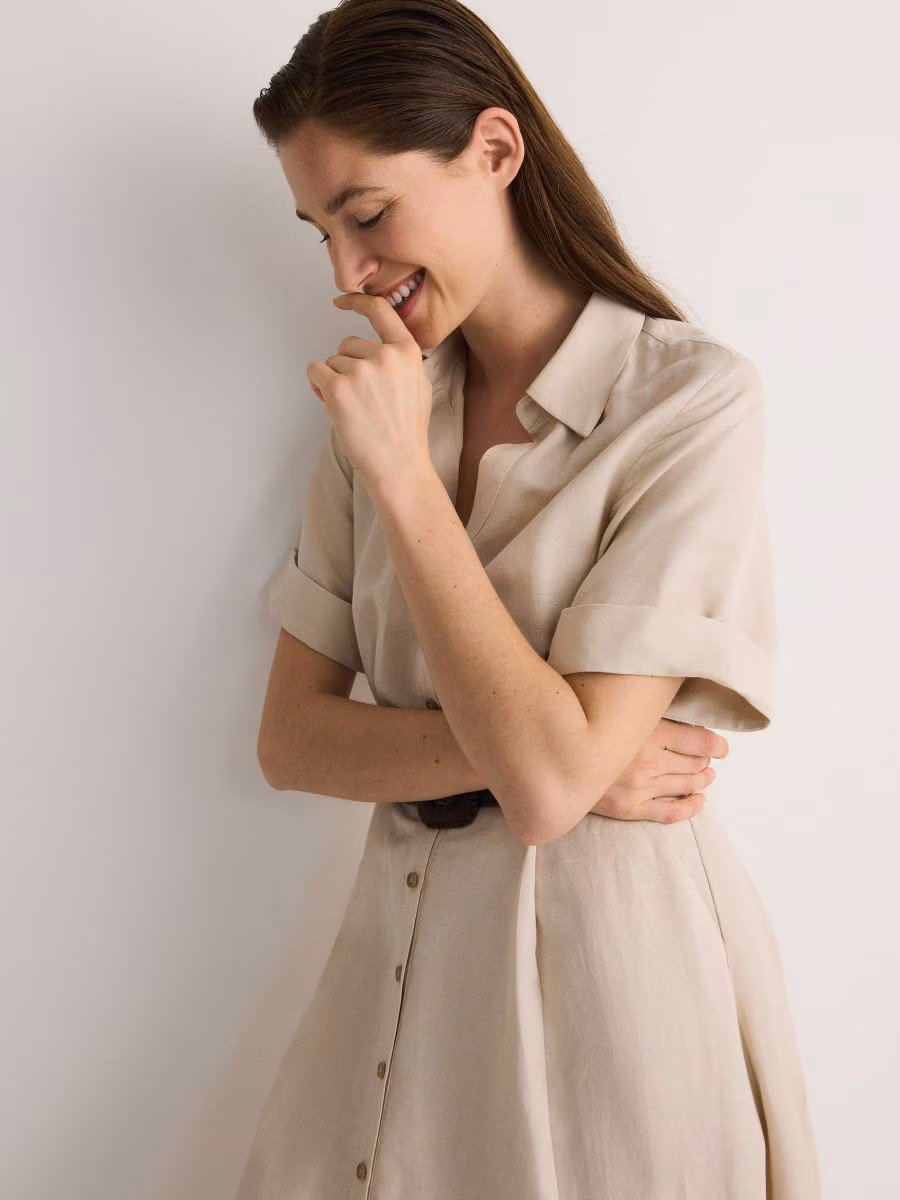 Linen Blend Midi Dress With Wattled Belt