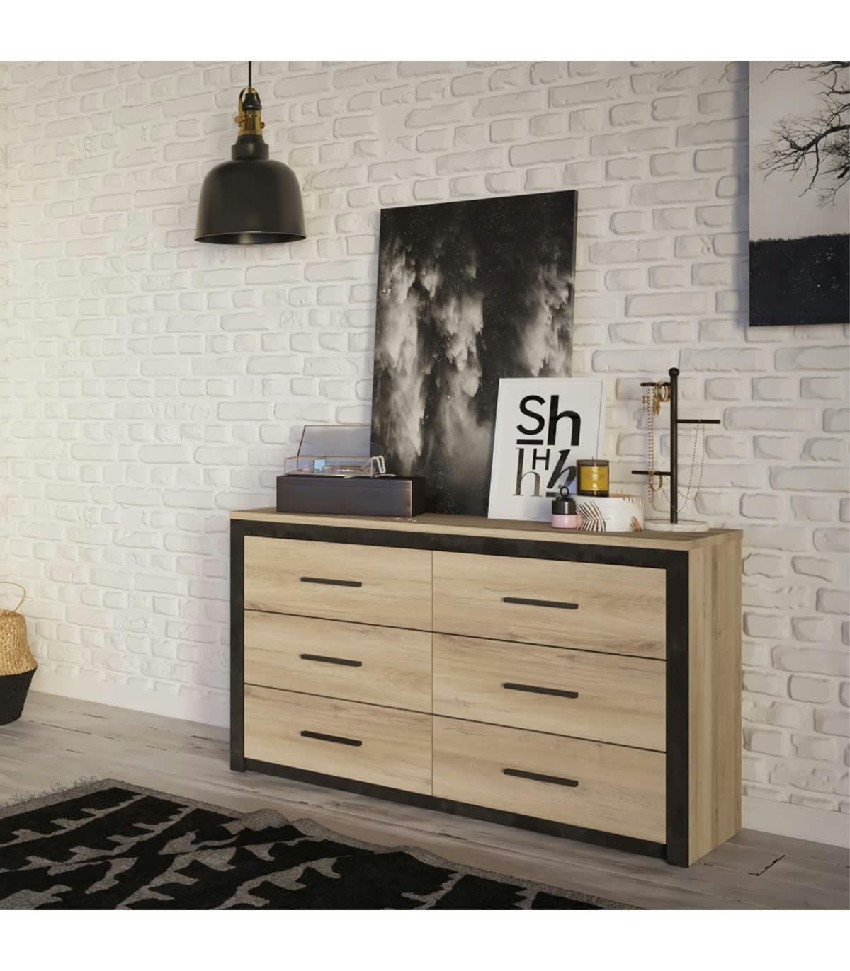 COLORADO - Commode 6 Tiroirs décor chêne et noir - L129 cm