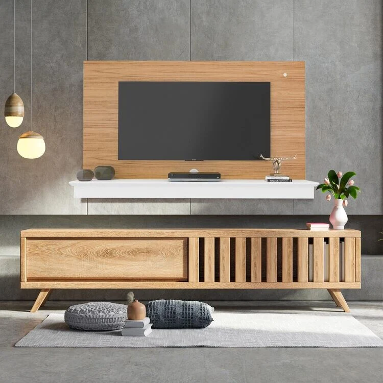 Floating Entertainment Center for up to 55 inch TVs, TV Wall Panel with LED Strip and Shelf, Floating TV Stand