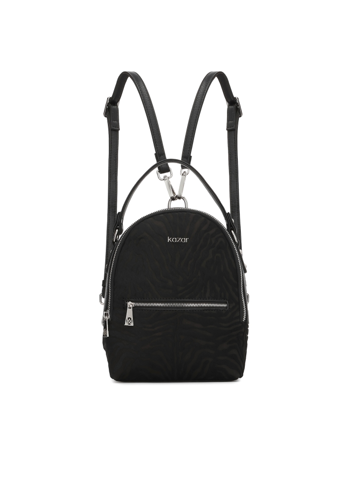 Black leather backpack with bristles and animal print
