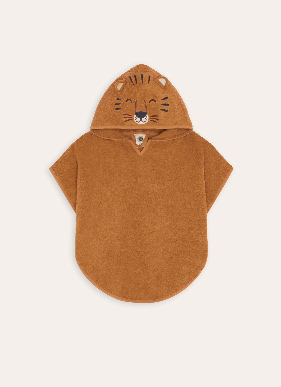 PONCHO DE BAIN EN ÉPONGE T&Euml;TE DE TIGRE BRODÉE OCRE