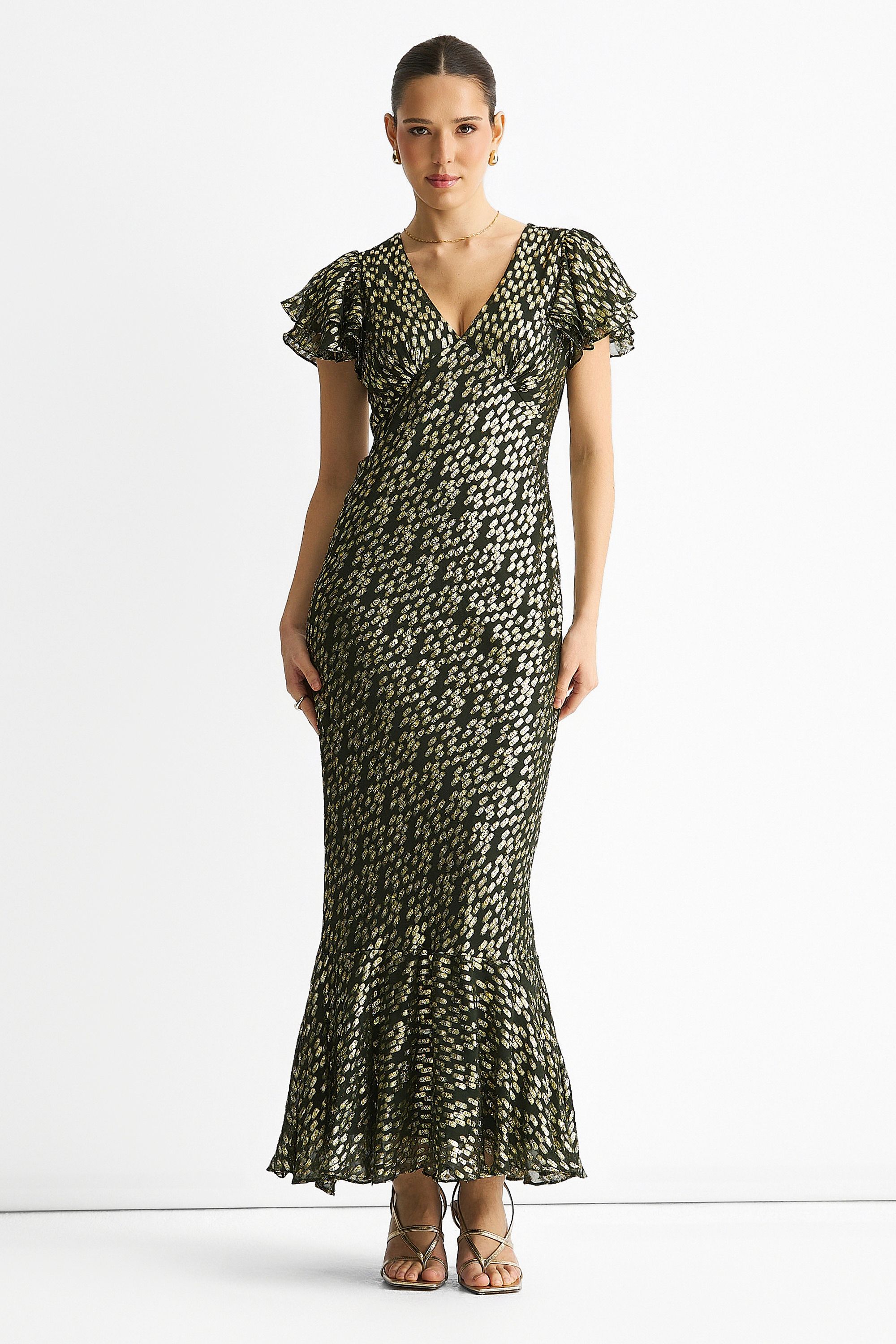 Gini London Dark Green Viscose Clipped Gold Jacquard Bias Cut Maxi Dress
