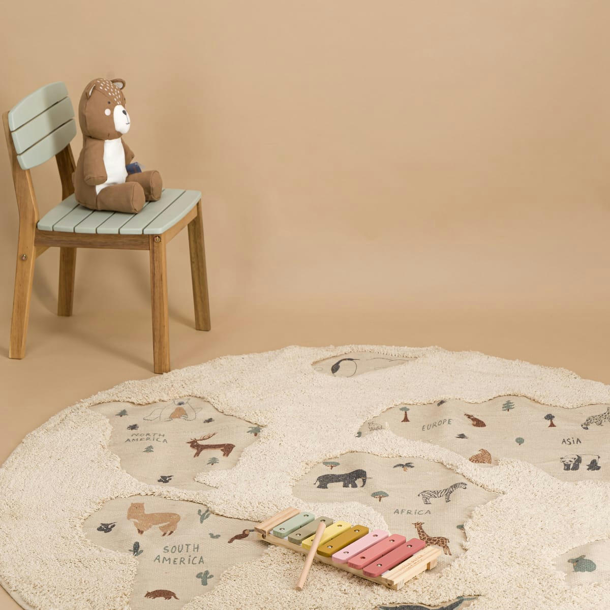 WORLD MAP - Tapis enfant lavable en coton beige 140x140