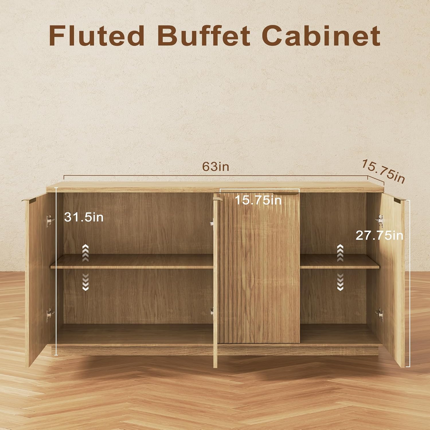 Fluted Sideboard Buffet Cabinet with Storage,63 Modern Credenza Storage Cabinet with Doors and Adjustable Shelves,Wooden Buffet Cabinet for Kitchen,Living Room,Natural Oak