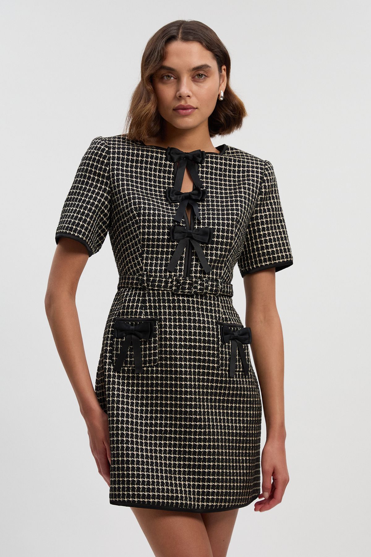 KarenMillen Tailored Tweed Bow Detail Mini Dress