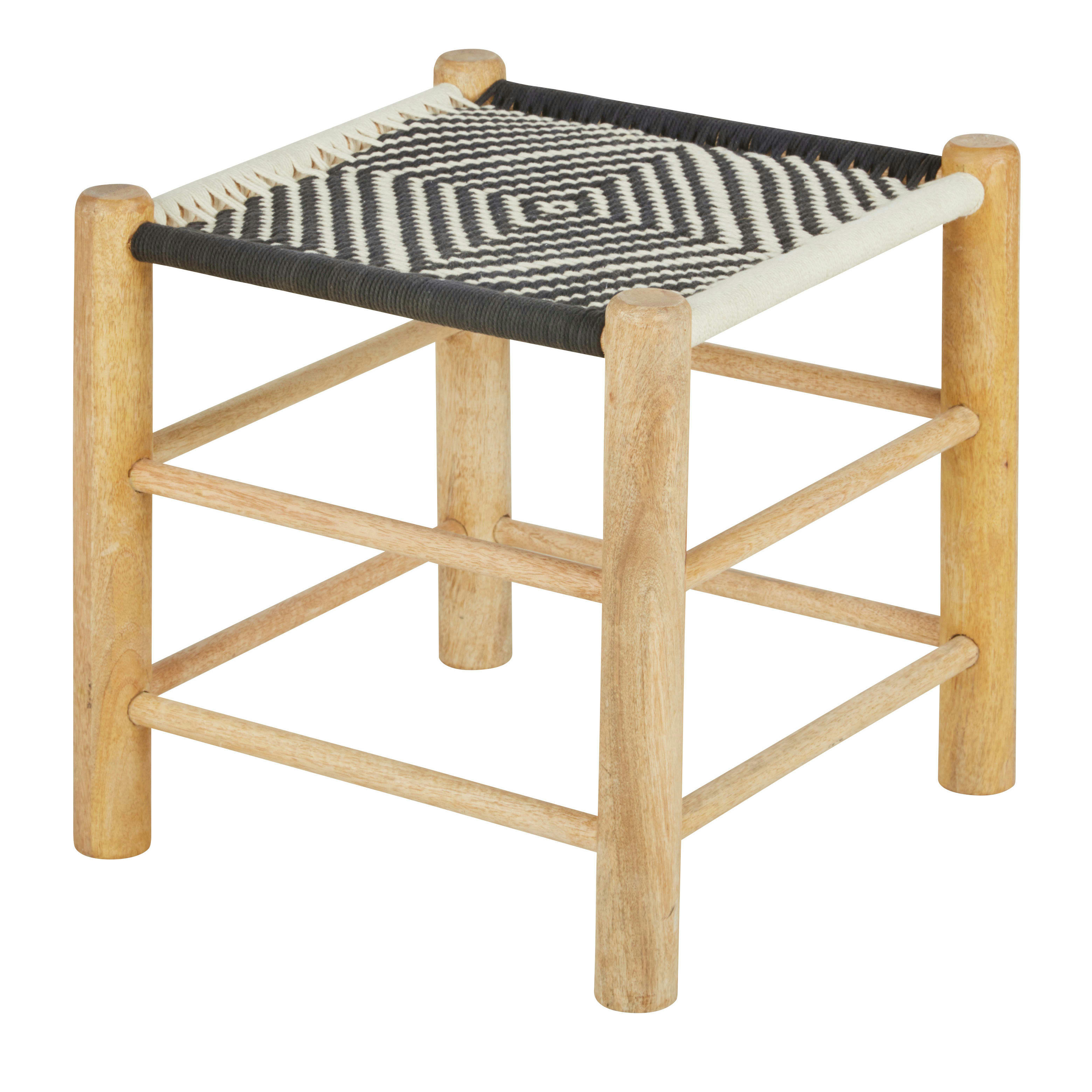 - Tabouret en bois de manguier et coton noir et blanc