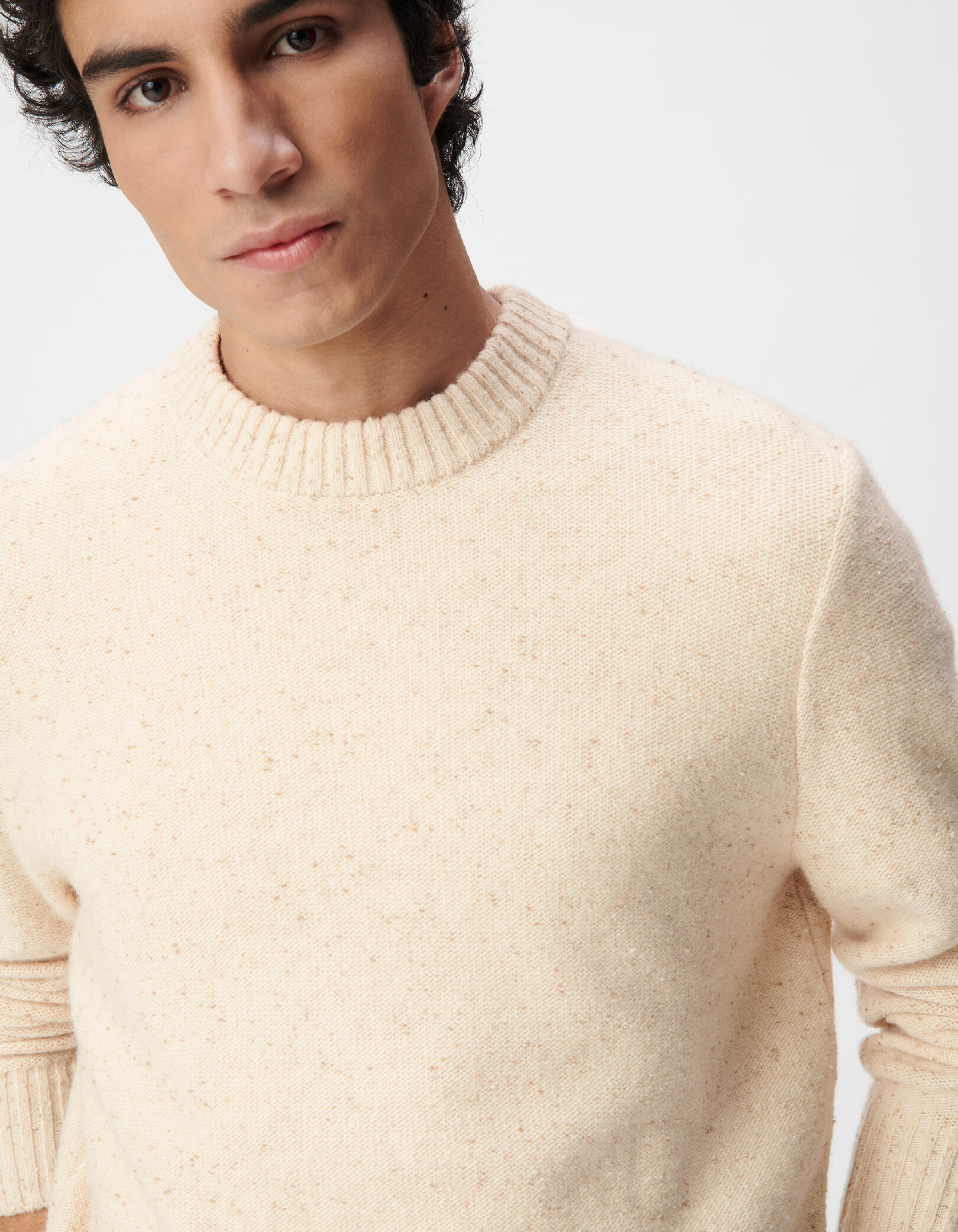 Pull hiver beige tricot mouliné col rond Homme