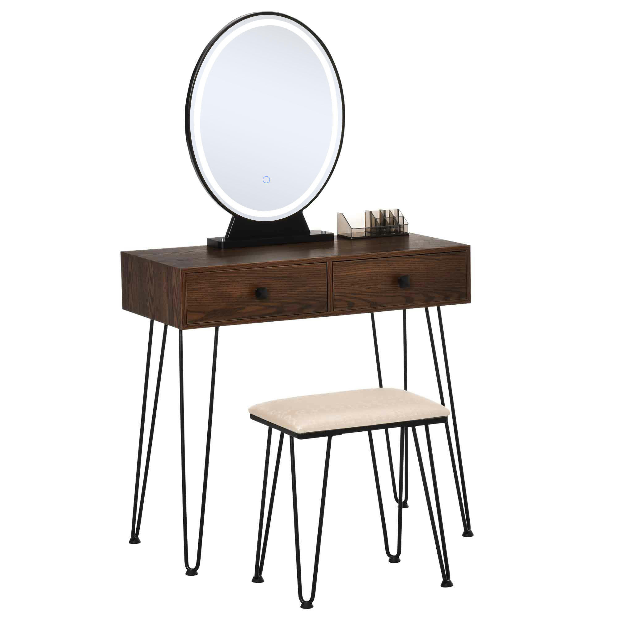 - Coiffeuse design 2 tiroirs organisateur miroir LED tabouret inclus