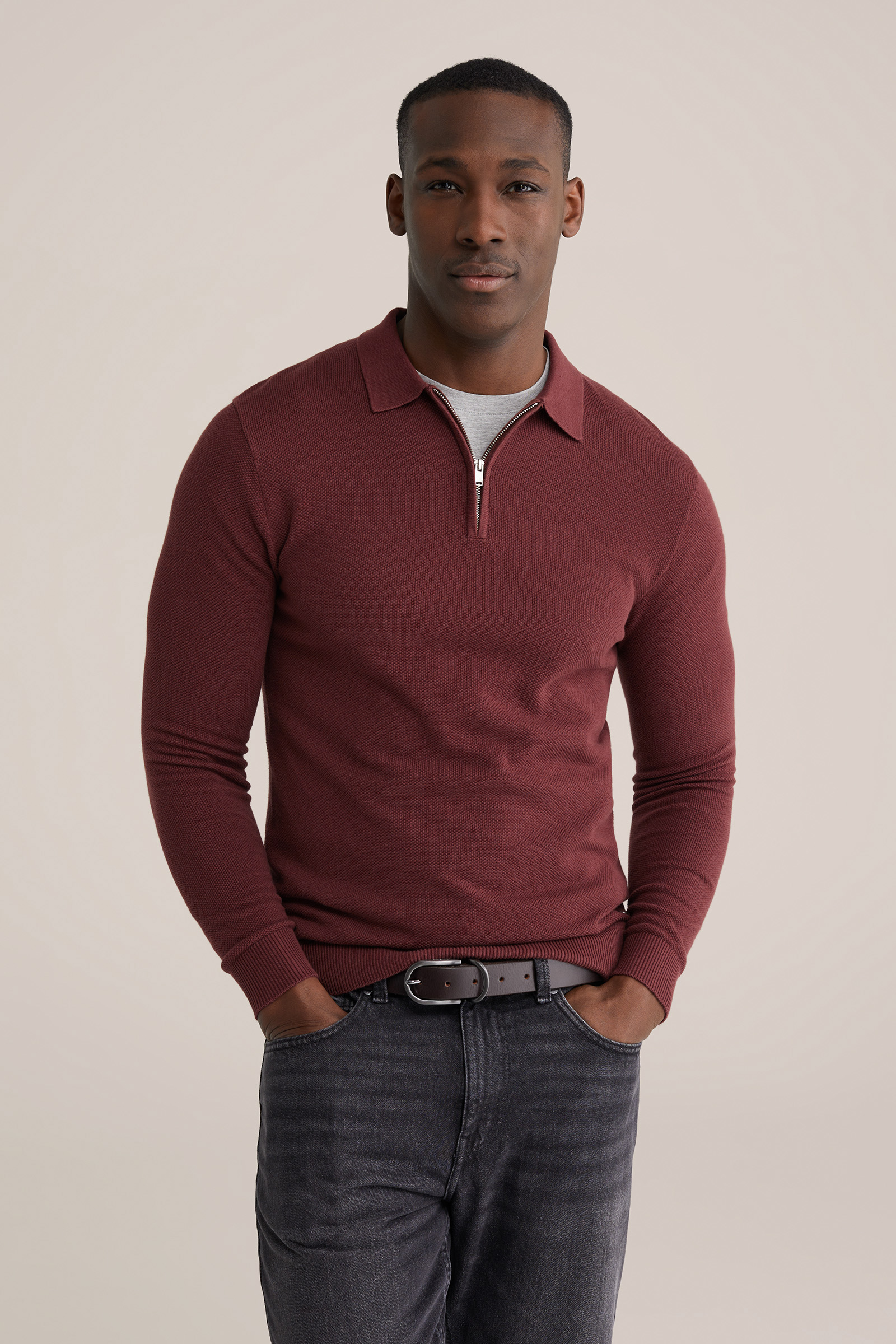 Heren regular fit trui van pique met quarter-zip