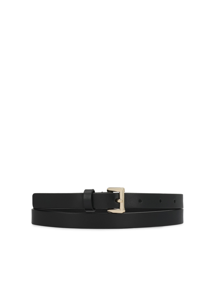 Narrow black natural leather belt with gold buckle