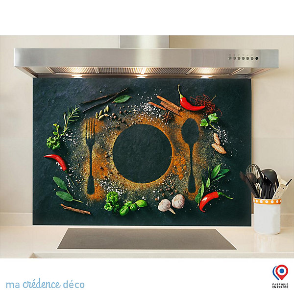 Crédence cuisine fond de hotte Epices sur ardoise 1 - Verre trempé - L 90 cm x H 70 cm - MaCrédenceDéco