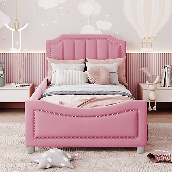 Lit simple enfant 90x200 cm, rembourré flanelle, lit plat avec entourage latéral, sommier à lattes, tête de lit, rose