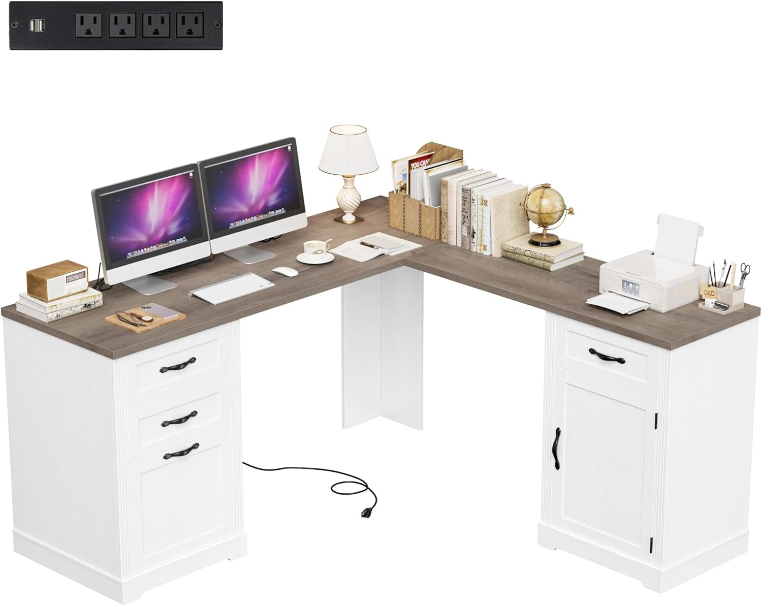 HIFIT Farmhouse Executive L Shaped Desk with Power Outlets, 60 Corner Computer Desk with 3 Storage Drawers & 2 File Cabinets, L Shaped Home Office Desk for Study, White