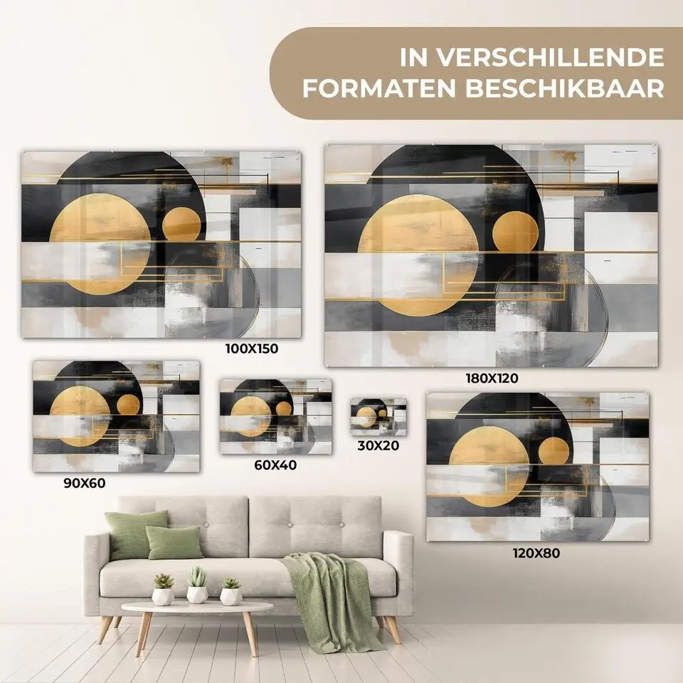 MuchoWow Glasschilderij 90x60cm Abstract Goud Zilver Vormen