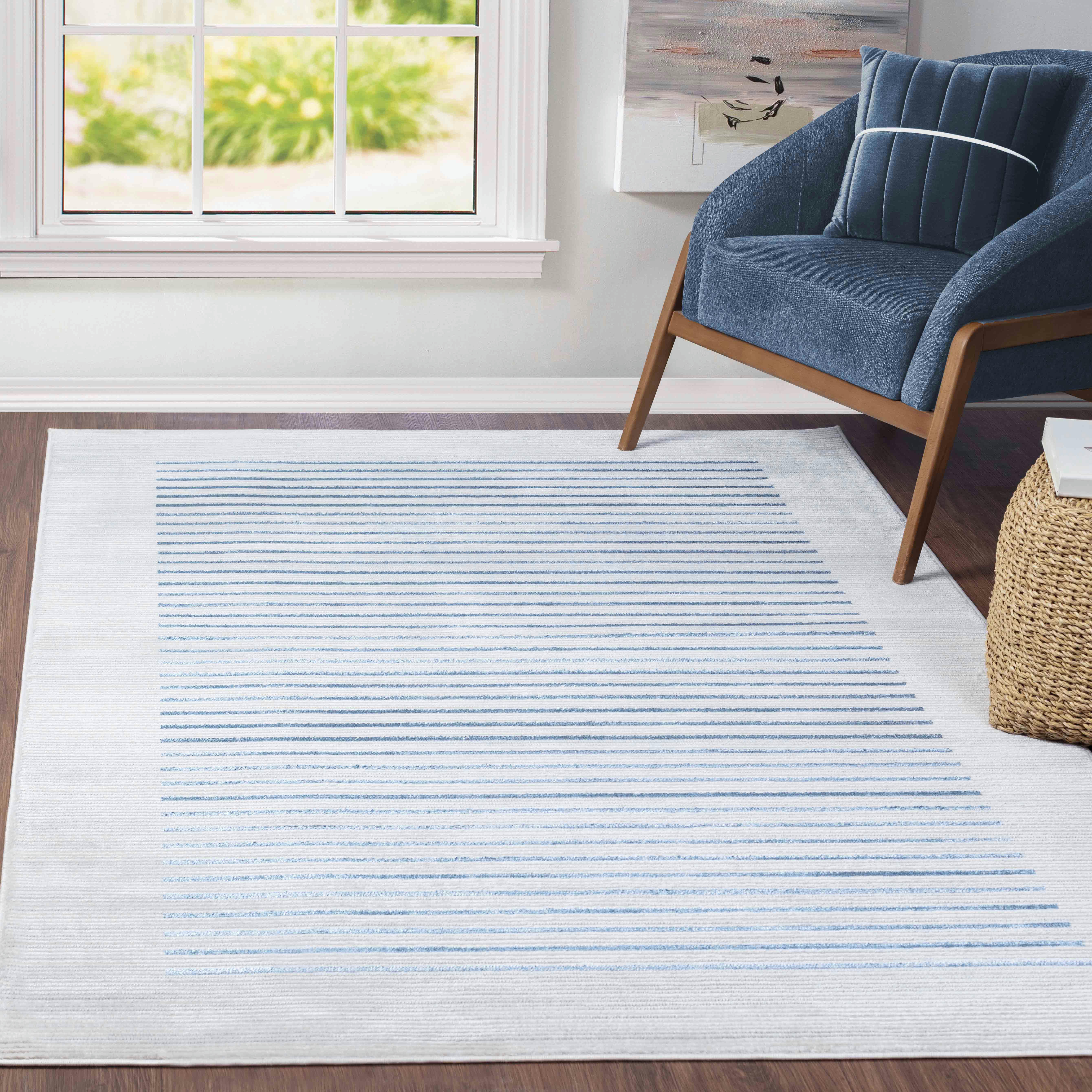 KAYSA - Tapis Scandinave Rayé Ivoire/Bleu/Gris 200x275
