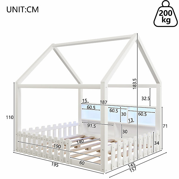 Lit enfant 140x 190cm avec LED,barrière de sécurité,compartiments de rangement ouverts,cadre de lit cabane enfants en pin,blanc
