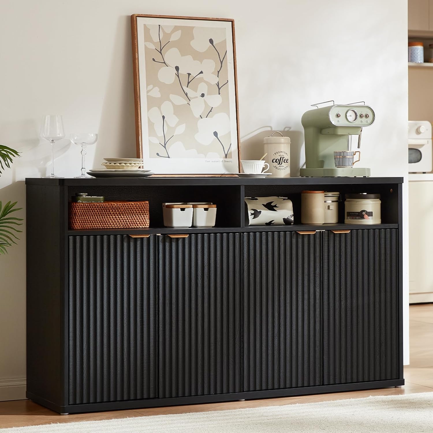 LEYAOYAO Fluted Buffet Cabinet with Storage, 55 Wide Wood Sideboard Credenza with 4 Doors & Open Storage Shelf, Modern Kitchen Console Accent Cabinets, Coffee Bar Table for Dining Room, Black Oak