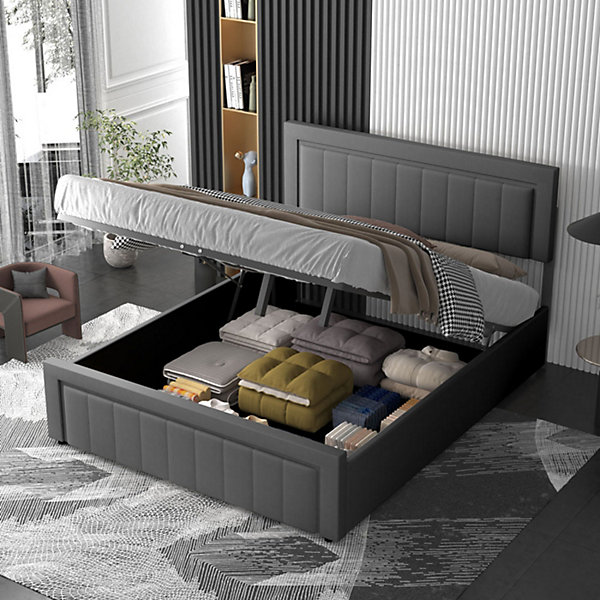 Lit contemporain avec coffre de rangement 140x190cm en velours gris - NASHVILLE