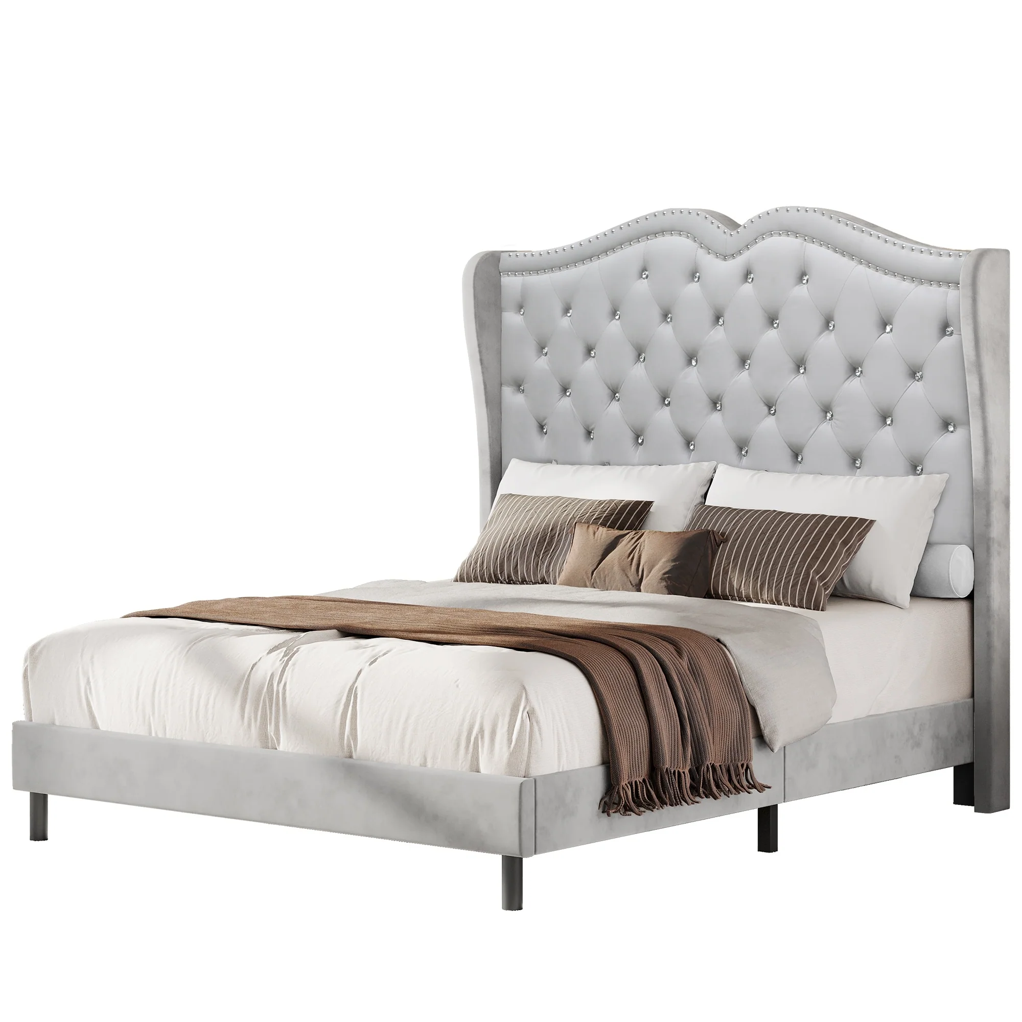 Moasis Queen Heart Velvet Upholstered Headboard Frame Platform Bed