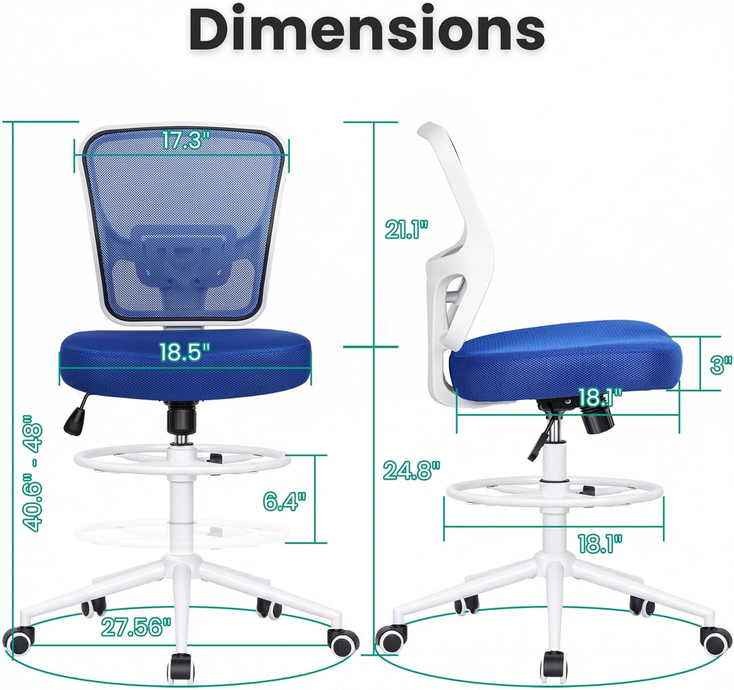 Armless Drafting Chair Tall Office Chair for Standing Desk - Adjustable Height Mesh Ergonomic Stool with Foot Ring, Rolling Counter Height Computer Chair for Small Spaces & Home Office