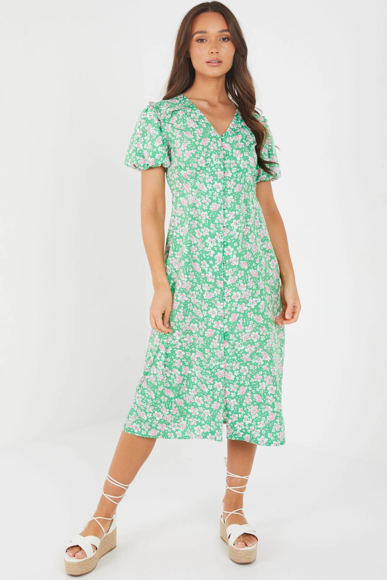 Quiz Green Floral Print Buttoned Midi Dress