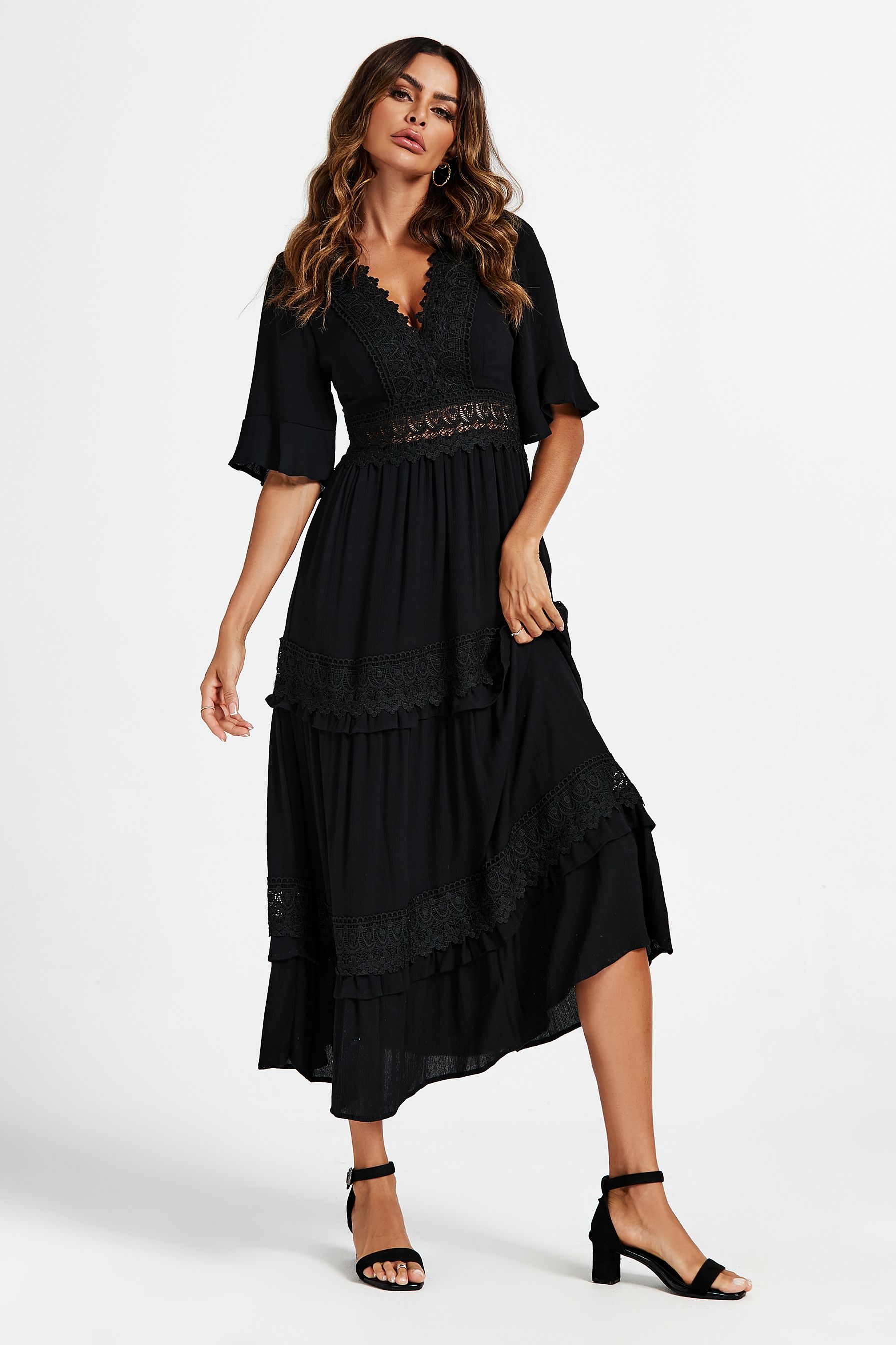 FS Collection V Neck Lace Detail Maxi Dress In Black
