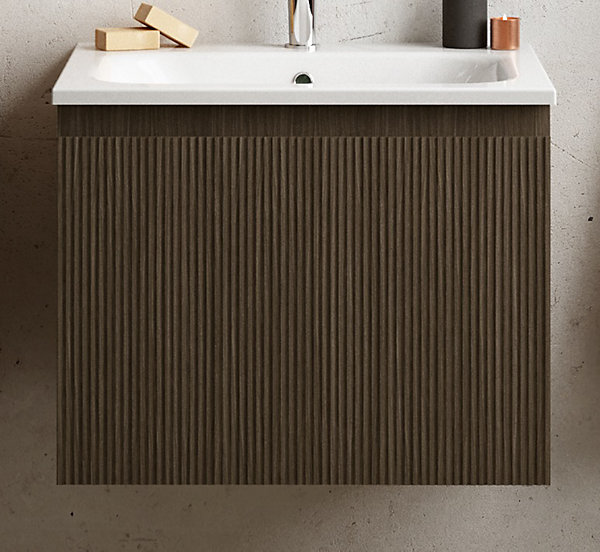 Meuble vasque suspendu plaqué noyer strié l.60 cm   plan vasque blanc brillant résine, Pura