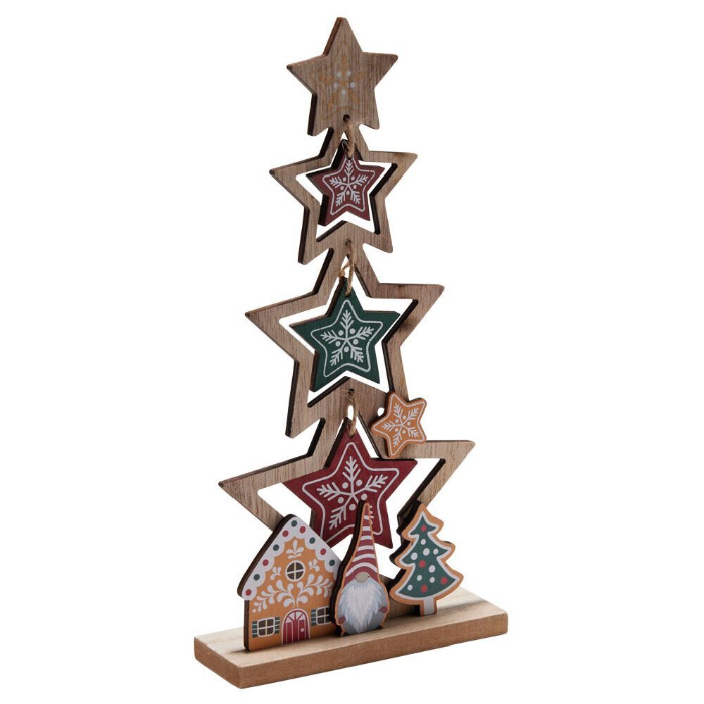 Décoration sapin en bois forme étoile avec gnome 12xH26cm